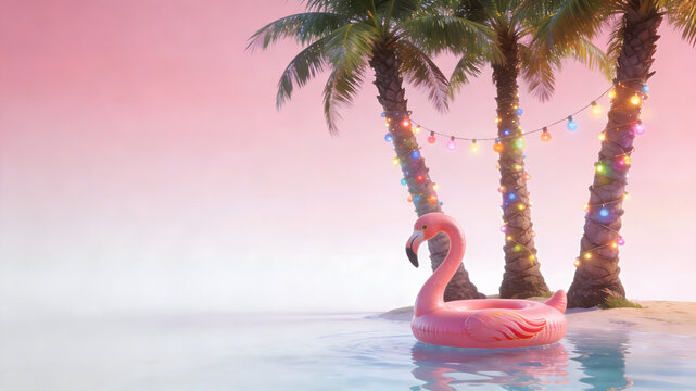 Pink flamingo float on calm water with palm trees and colorful lights