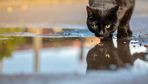 Black Cat Drinks Reflecting as a Lion in Puddle