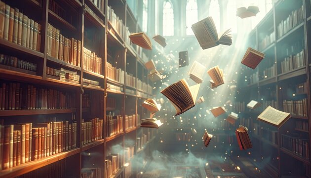 Magical Library with Books Floating in Sunlight