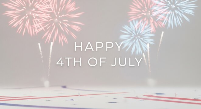 Happy 4th of July text overlay with red and blue fireworks exploding in a soft focus background and patriotic confetti on a white surface below