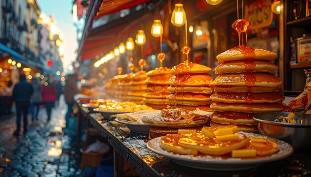 Stacks of Pancakes at a Vibrant Street Market