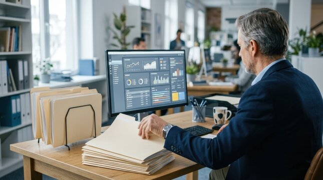 Shoulder view of tax professional using computer with financial charts