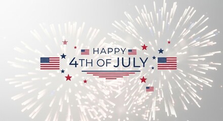 Fototapeta premium Happy 4th of July text graphic with American flags and fireworks celebration, patriotic holiday greeting design with stars and stripes, festive national event illustration