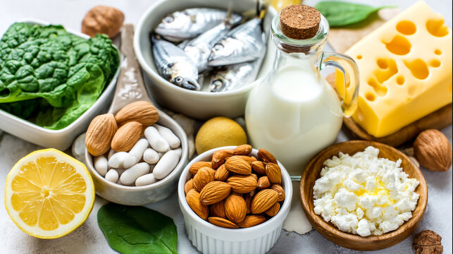 Assortment of healthy foods rich in calcium and vitamins with cottage cheese, food photograph