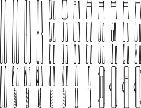 A collection of pool cue sticks and cases arranged in a visually engaging monochrome composition, showcasing a variety of designs and a case.