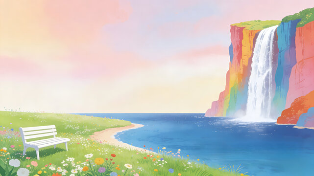 White bench on flower meadow overlooking rainbow cliff waterfall and ocean