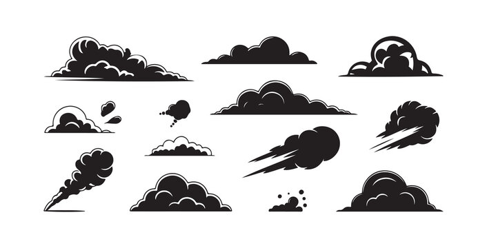 Dynamic black smoke and cloud silhouettes with motion lines for comic and graphic design