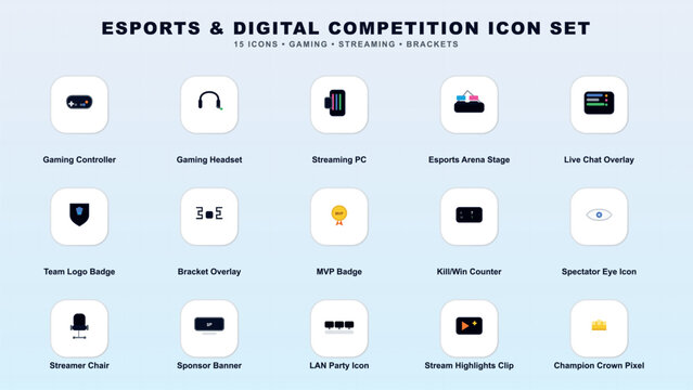 Esports and digital competition icon set for gaming and streaming Vector