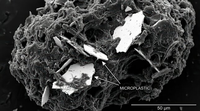 Microplastic Particle Integration within Organic Marine Snow Matrix Ion-Abrasion Scanning Electron Micrograph Representing Marine Toxicology