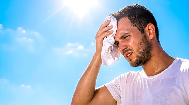 Young man wiping sweat with a towel under intense scorching sun. Portrait of person suffering from heatstroke and high temperature during summer day. Blue sky background with bright sunlight.