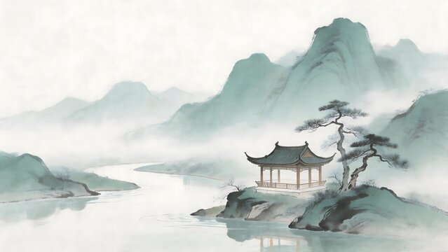 Traditional Asian landscape with pavilion