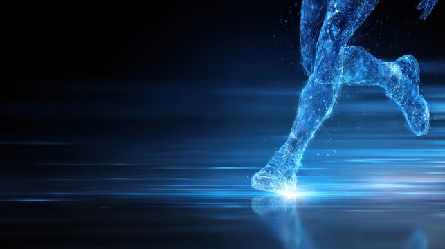 Digital wireframe runner sprinting across futuristic surface