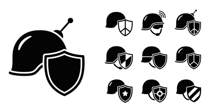 Black shield helmet protection icons set.