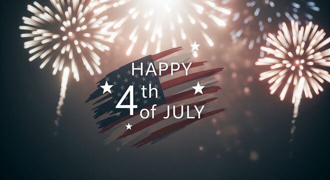 Happy 4th of July text overlay on abstract distressed American flag graphic with bright fireworks exploding in dark night sky background, patriotic celebration concept