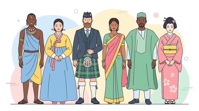 Group of Diverse People in Traditional International Clothing Representing Multiculturalism