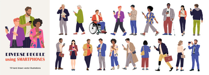 Fototapeta premium Collection of diverse modern people using smartphones in everyday life. Inclusive hand drawn vector characters with mobile devices, social media, communication and digital lifestyle concepts.