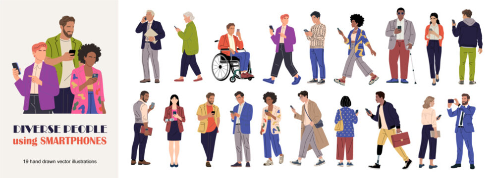 Collection of diverse modern people using smartphones in everyday life. Inclusive hand drawn vector characters with mobile devices, social media, communication and digital lifestyle concepts.