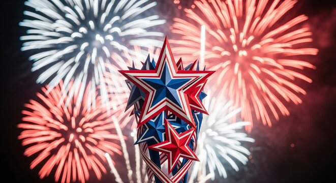 Patriotic stars decoration with red white and blue fireworks exploding in the night sky, festive celebration concept, vibrant display of national pride and holiday spirit, abstract background.