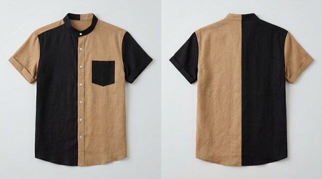 Men's short-sleeved linen shirt with a vertical two-tone black and tan design. Features a mandarin collar and front pocket. Product photography showing front and back views.