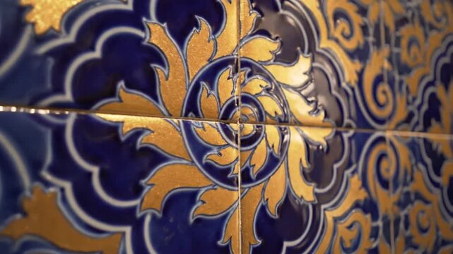 Traditional Portuguese Azulejo Ceramic Tiles With Ornate Blue And Gold Floral Patterns Panning Across A Wall