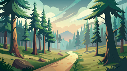 Beautiful coniferous forest landscape with mountain trail and morning sunlight in flat vector style © SABIHA