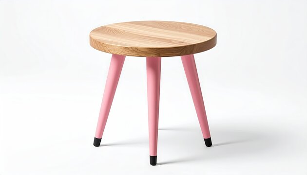 Round wooden top stool with three tapered, pink legs and black feet