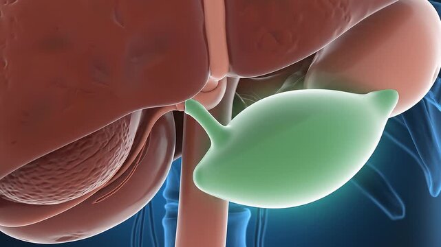 3D medical illustration of human liver and gallbladder inside the torso, showing anatomical structure and organ positioning.