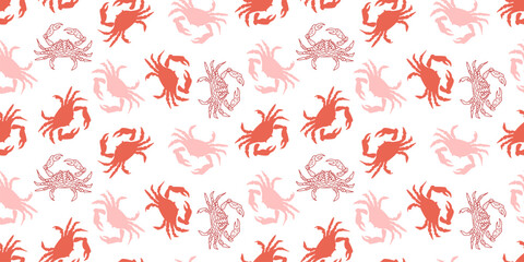 Marine seamless pattern with red crabs in line art and silhouette style. Stylish coastal  print perfect for summer clothing, wallpaper, packaging and beach accessories. © Alena