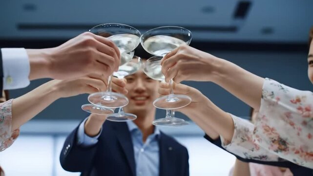 Diverse professional hands in business-casual attire clink crystal champagne flutes at an upscale corporate event with blurred bokeh background, corporate success celebration