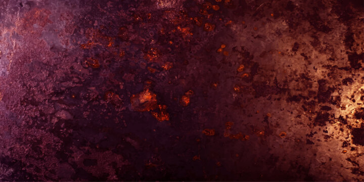 A dark grunge design featuring an old rusty metal texture wall with orange fire smoke and light patterns over a dirty red black backdrop