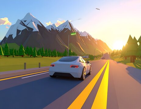 Low-poly rendering of a sleek white vehicle driving on a road towards a mountain range at sunset