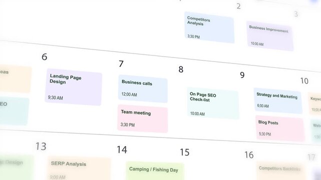 Modern Business Calendar Schedule Animation With Task Planning Events And Productivity Workflow Interface scheduled tasks, meetings, marketing plans, SEO and productivity management.