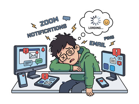 Digital Burnout and Notification Overload Causing Mental Fatigue Cartoon Illustration