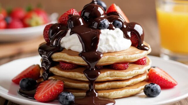 Golden fluffy pancakes stacked, topped with fresh strawberries, blueberries, creamy whipped topping, and rich chocolate syrup, a delectable breakfast or sweet dessert