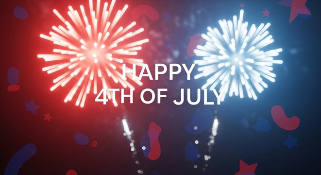 Bright red and white fireworks explode in the night sky with abstract shapes and stars, celebrating the Fourth of July holiday with patriotic colors and festive illumination.