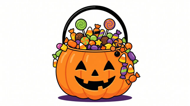 Pumpkin candy bucket with overflowing sweets Halloween flat color clip art illustration