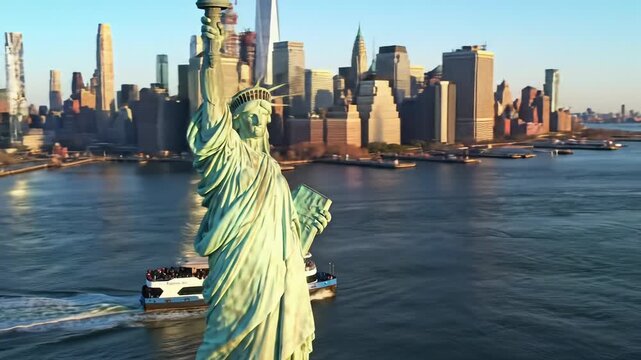 A sweeping drone video over tranquil deep blue New York Harbor, showcasing a modern ferry boat, then panning to the Manhattan skyline and majestic Statue of Liberty. Global welcome concept