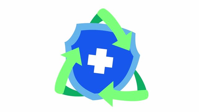 Sustainable healthcare concept with medical shield and green recycle arrows in a cartoon animation. Eco-friendly medical protection icon and environmental health security in flat design style.