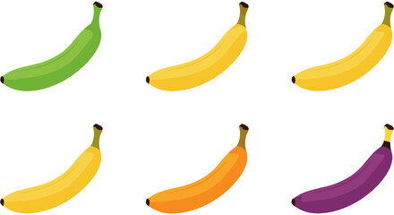Colorful illustrated bananas arranged in a horizontal line against a plain background. © SALEHA STOCK