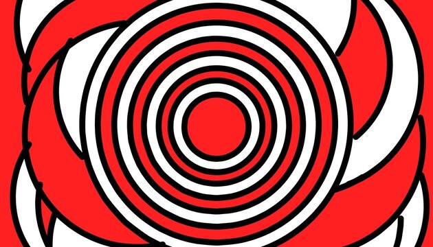 A mesmerizing digital art piece featuring concentric red and white circles layered over a swirling, floral-like pattern. Bold black outlines add sharp contrast to the vibrant, hypnotic design.