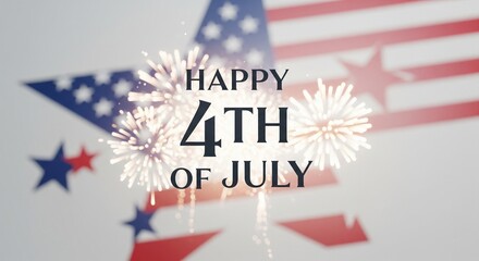 Obraz premium Happy 4th of July text overlay with fireworks and blurred American flag elements in patriotic red white and blue colors creating a festive celebration atmosphere for Independence Day
