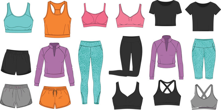 Women Sportswear Collection with Fitness Tops Leggings Shorts and Athletic Clothing in Flat Vector Illustration Style