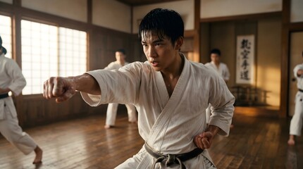 Fototapeta premium Young Asian Man Practicing Karate Punch in Traditional Dojo