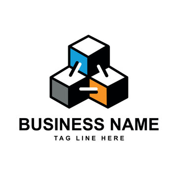 Modern 3D cube blocks logo featuring interconnected modular structures in black, gray, blue, and orange