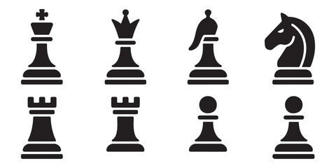 Set of chess vector icons. Black silhouette with chess. King, queen, pawn, horse and rook. silhouette vector illustration © Misho x Mamun