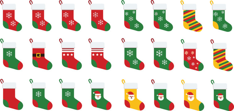 Christmas Stocking Collection with Festive Holiday Sock Designs Featuring Snowflakes Santa Claus and Seasonal Decorative Patterns