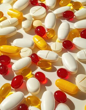 Assorted pills and capsules scattered on a white surface