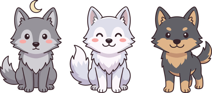 Cute Cartoon Illustration of Three Wolves with Different Expressions and Colors on a White Background