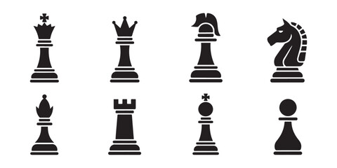 Set of chess vector icons. Black silhouette with chess. King, queen, pawn, horse and rook. silhouette vector illustration © Misho x Mamun