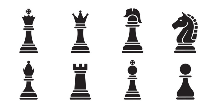 Set of chess vector icons. Black silhouette with chess. King, queen, pawn, horse and rook. silhouette vector illustration